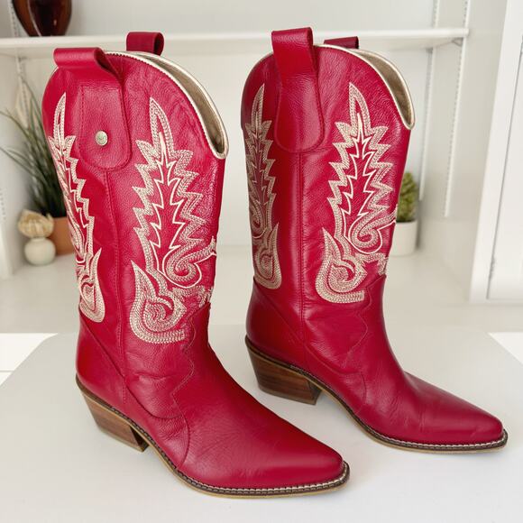 Stivali Red Leather Loyal Western Cowboy Boots Size 37/6-6.5 - Picture 6 of 9